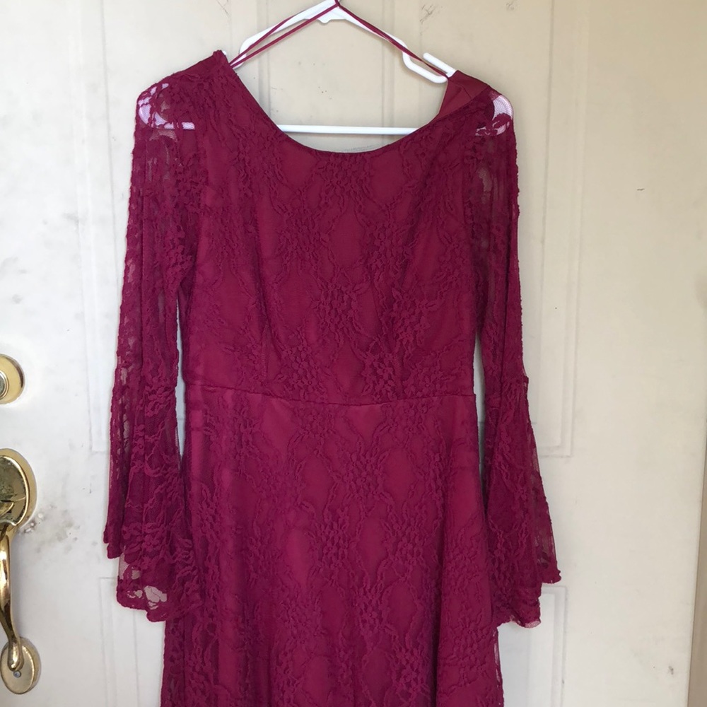Lacy maroon open back dress